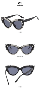 Detailed view of cat eye sunglasses with rhinestones in side, front, and back angles