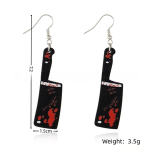 Detail view showing dimensions of bloodstained meat cleaver acrylic Halloween earrings