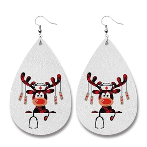 Faux leather teardrop earrings featuring a reindeer nurse with medical stethoscope