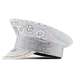 Luxury white military captain hat featuring silver rhinestones and pearl embellishments