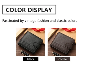 Classic men's PU leather wallets in black and coffee colors on a vintage wood surface