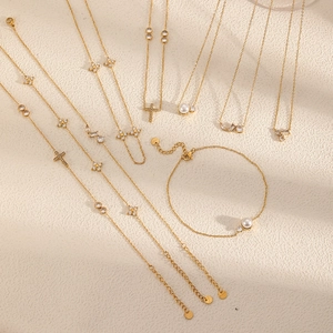 Gold stainless steel cross and pearl jewelry set with zircon necklace and bracelet