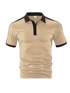 Close-up of khaki Polo shirt with black contrast collar and 100% polyester fabric texture