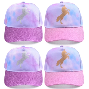 Tie-dye unicorn baseball hats for kids with sequin brims and metallic prints in 4-pack set