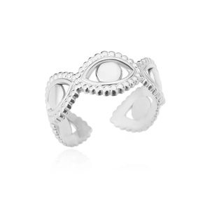Detail of silver eye-shaped adjustable ring with delicate beaded edges on white backdrop
