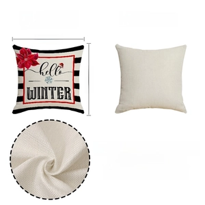 Detail of linen cushion cover with hello winter print, stripes and 18x18 inch size guide