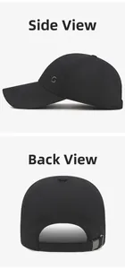 Detail view of adjustable metal buckle and side logo on black baseball cap
