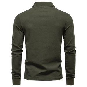 Detail view of the back of a solid army green long-sleeve polo shirt with ribbed cuffs