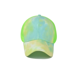 Detailed view of tie-dye mesh sun hat with neon green, blue and yellow gradient pattern