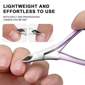 Stainless steel cuticle nipper set with ergonomic purple handles on white background