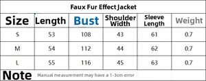 Detailed size chart for faux fur jacket including length, bust, shoulder, and sleeve data