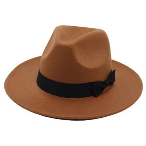 Classic caramel wool fedora hat with wide brim and black satin bow ribbon for men and women