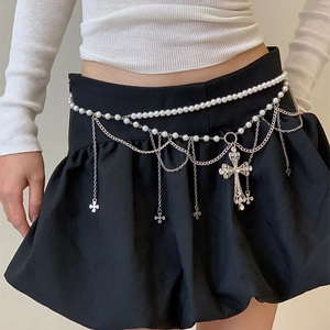 Chaîne De Taille Multi-Rangs Femmes Fausse Künstliche Perle Alliage Strass Pendentif Croix Gothique Style Y2K Bijoux De Corps