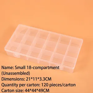 Clear 18-compartment plastic storage box with adjustable dividers, 21x11x3.3cm size