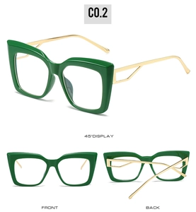 Three perspectives of green cat-eye frames with gold temples including front and 45-degree view