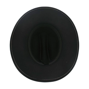 Top view of black felt fedora hat showing inner sweatband and care label detail