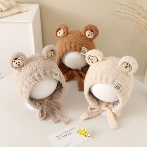 Baby Plush Bear Ear Hat Winter Warm Ear Protection Windproof Faux Fur Toddler Kids Soft Beanie With Chin Straps