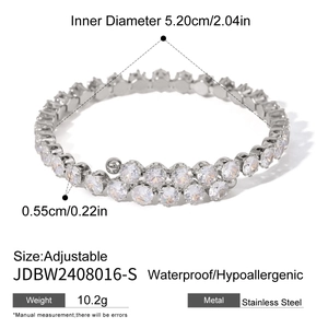 Silver stainless steel bangle with sparkling round zircons and adjustable open design