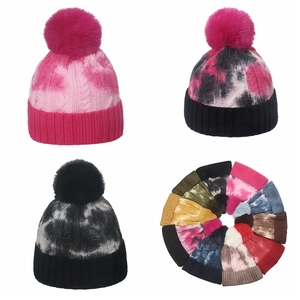 Knitted Beanie Hat With Faux Fur Pom Pom Tie Dye Cable Knit Warm Winter Acrylic Outdoor Accessories For Women