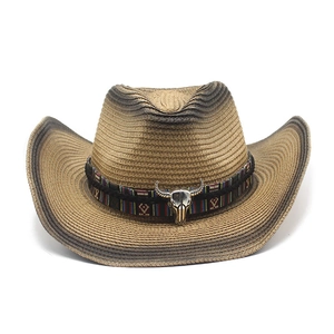 Chapeau De Paille Western Cowboy Respirant Protection Solaire Large Bord Rétro Bande Tissée Ethnique Crâne De Taureau Métal