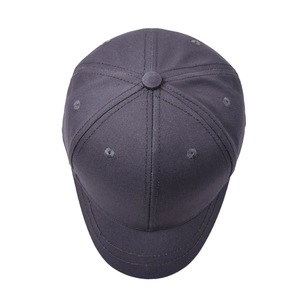 Detailed top view of a dark grey short brim baseball cap with six-panel cotton construction