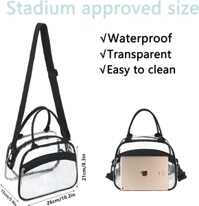 Transparent waterproof PVC wash bag showing 26x21x15cm dimensions and iPad capacity