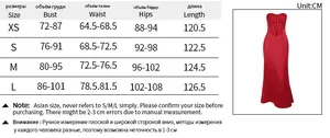 Detailed size chart for backless slim fit dress featuring XS to L measurements in CM