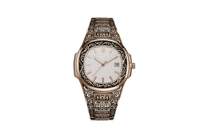 Close-up of rose gold watch dial with horizontal texture and date window display