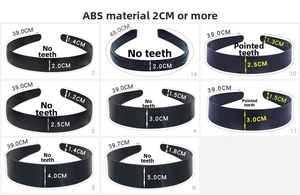 Size comparison chart for black ABS hairbands with various widths from 2cm to 5cm