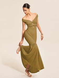 Olive green off-shoulder ribbed knit maxi dress with slim fit and cutout details