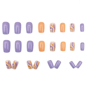 Short square press-on nails with purple and orange wave patterns and solid colors