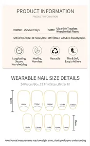 Guide des tailles pour 24 faux ongles œil de chat champagne avec mesures détaillées