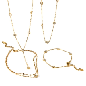 Elegant 18K gold plated stainless steel necklace and bracelet set with round clear crystals