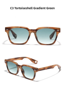 Macro shot of tortoiseshell square sunglasses with gradient green lenses and CE mark