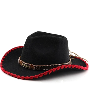 Western Cowboy Hat Wide Brim Cotton Polyester Felt Ethnic Style Feather Bead Belt Tassels Jazz Fedora For Men Women