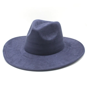 Detail view of the smooth faux suede texture on this wide brim dark grey fedora hat