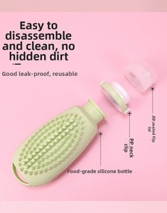 Exploded view of green silicone travel bottle with massage nubs and leak-proof PP cap