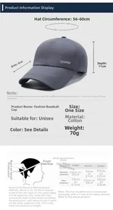 Size chart for breathable cotton baseball cap with dimensions and measuring guide