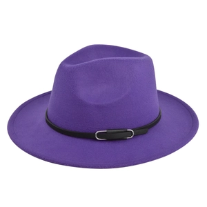 Detailed view of purple wool fedora hat with black leather strap and silver buckle