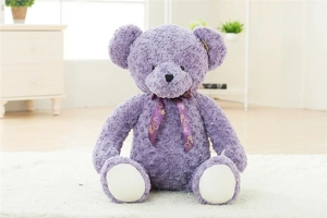 Detailed close-up of purple teddy bear featuring rose swirl fur and floral ribbon detail