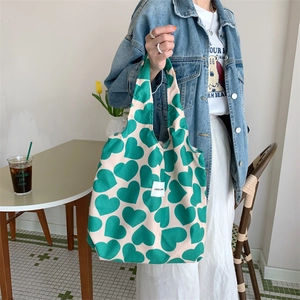Corduroy heart print tote bag in cream and green, casual shoulder bag for daily commute