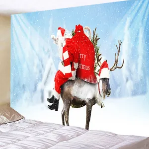 Mockup of Christmas tapestry with Santa and reindeer displayed on a bedroom wall
