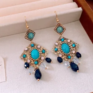 Boucles D'oreilles Pendantes Bohèmes Vintage Alliage Doré Creux Avec Résine Turquoise Et Perles En Verre Bleu Marine