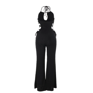 Detail view of the sexy cutout side waist with lacing on black women's jumpsuit