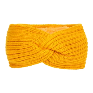Detailed view of ginger yellow knitted winter headband with warm fleece lining and twist knot