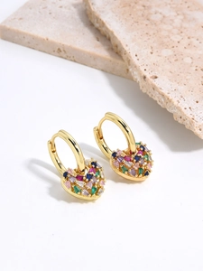 Golden heart hoop earrings featuring vibrant multi-colored micro-pave cubic zirconia stones