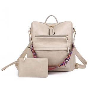Detail of beige faux leather backpack set with colorful geometric pattern strap and gold hardware