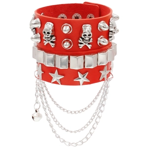 Punk multilayer red PU leather wide bracelet with silver skull rivets and metal chains