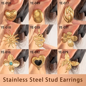 Golden stainless steel stud earrings set featuring heart, sun, and snake designs
