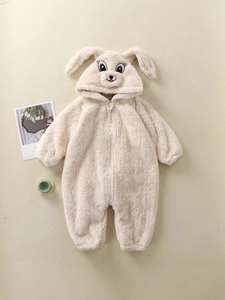 Cute beige rabbit plush infant romper with 3D ears and warm fleece hood design